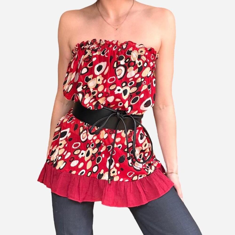 Sheer strapless ruffled polka dot statement top tunic mini dress